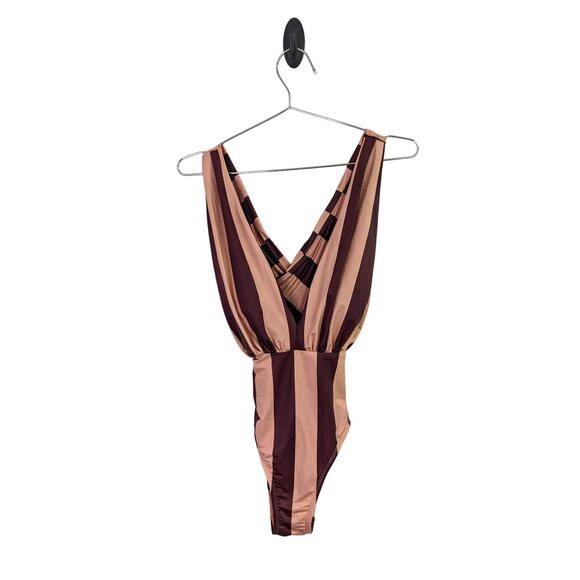 Swim RX One Piece Swimsuit Plunging Neckline Cross Back‎ Striped Pink Small - Picture 1 of 7